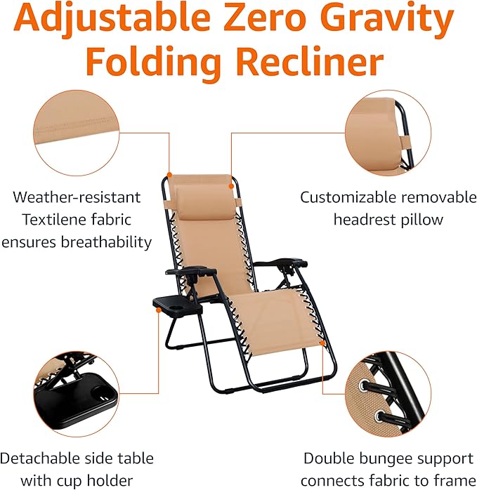 Amazon Basics Outdoor Patio Mesh Adjustable Zero Gravity Lounge Chair Recliners set of 2 with Side Table, 35 x 26 x 43 inches, Beige