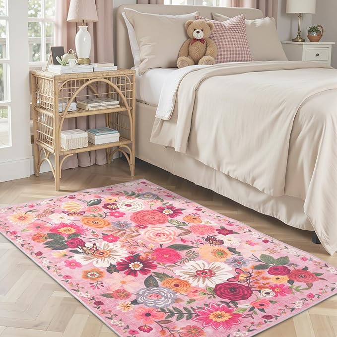 Floral Machine Washable Rug Pink, 3x5 Rug Non Slip Soft Bedroom Rugs
