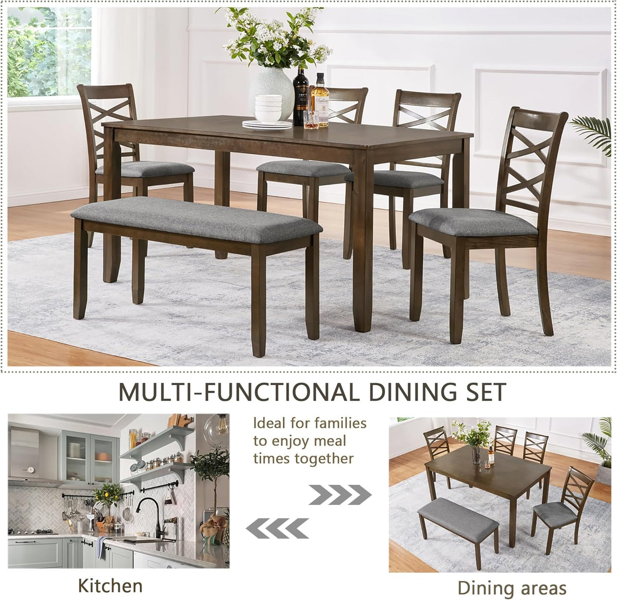 soges 6 Piece Kitchen Dining Set, Rectangular Wooden Dining Table with 4 Upholstered Chairs and a Bench, Morden Dining Table Set for 6 People, Living Room, Home Bar and Kitchen, Walnut