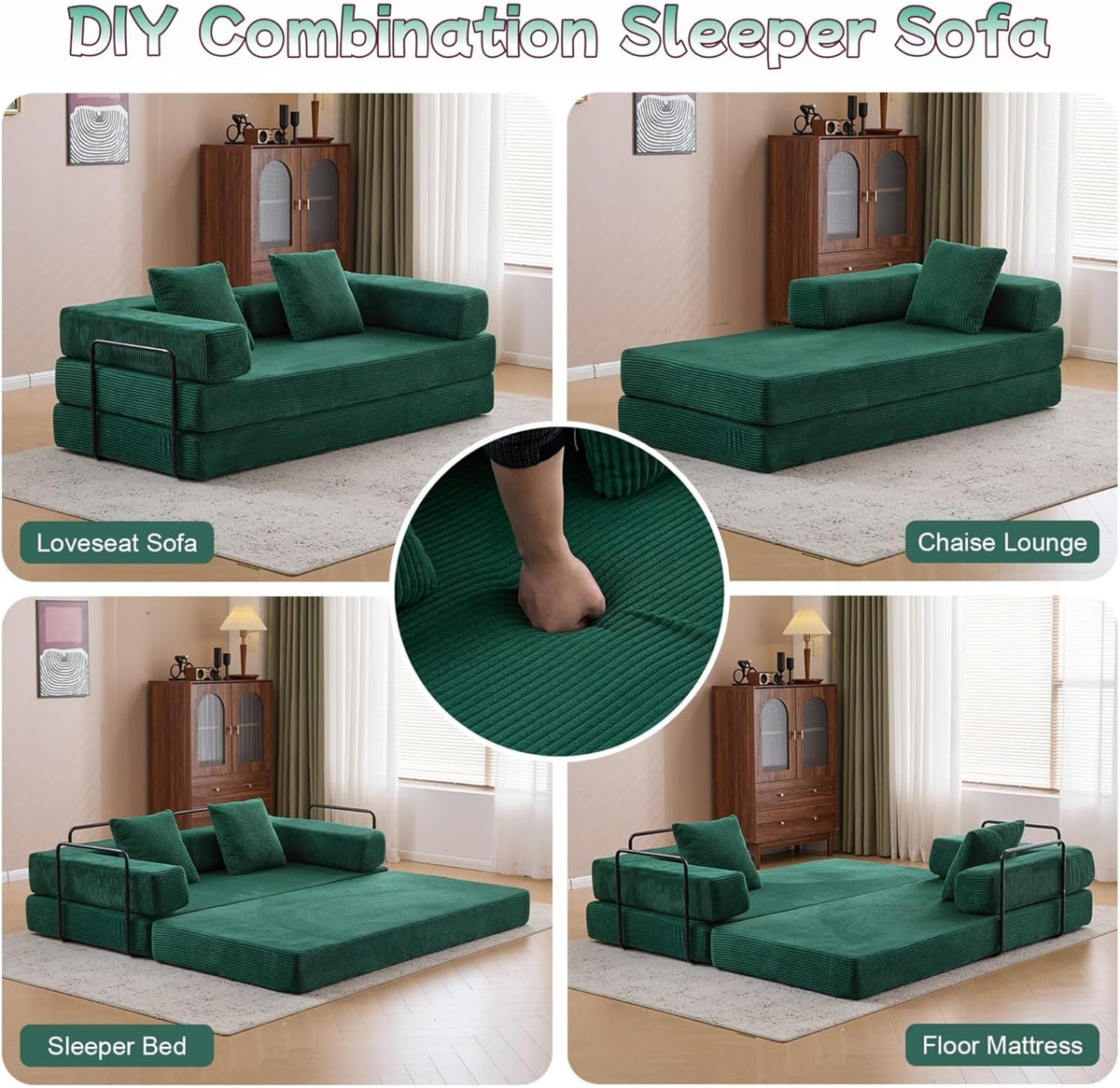 Convertible Sofa Bed, Compression Futon Sofa with Pillows & Armrest, Foldable Mattress Couch with Fixed-Shape Frame, Comfy Couch Lounge Sleeper Bed for Living Room Bedroom, Green