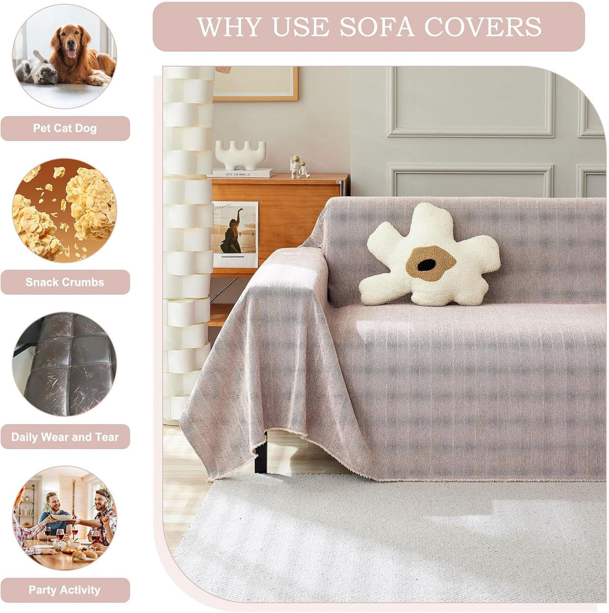 STACYPIK Stylish Cozy Pink Sofa Cover for Dogs Kids Geometric Couch Cover Herringbone Couch Slipcover for Sectional Couch Covers L Shape for 2 Cushion Couch Pet Furniture Throw Cover Washable-71X118IN