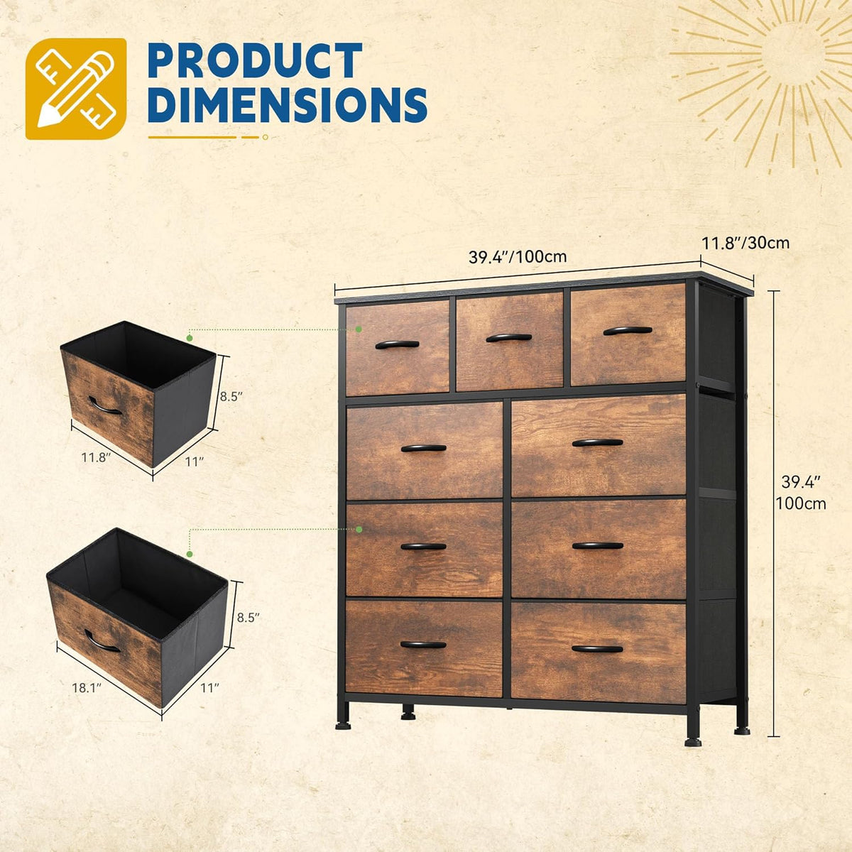 DWVO Dresser with 9 Drawers - Fabric Storage Tower, Organizer Unit for Living Room, Hallway - Sturdy Steel Frame, Wooden Top & Easy Pull Fabric Bins