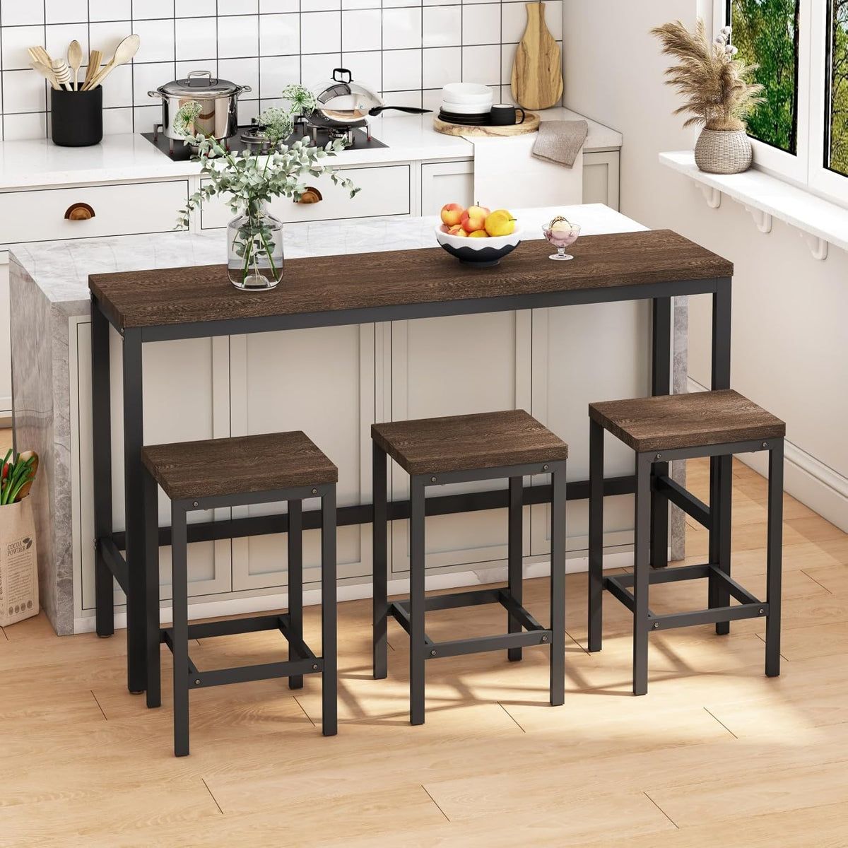 KEIKI 60.24” Long Bar High Top Dining Table and 3 Stools Chairs Set, Wood Behind Couch Sofa Counter Height Pub Furniture for Breakfast, Kitchen Living Party Room, Dark Brown