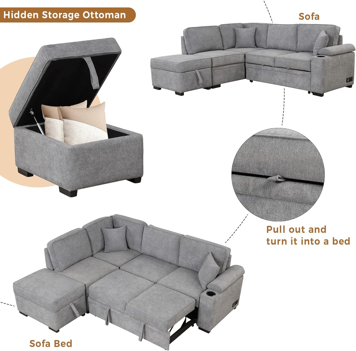 Ball & Cast Sleeper Sofa Bed L Shaped Couch with Storage Ottoman,Pull-Out Sectional Sofa Couch w/Cup Holder and Charging Stations,for Living Room and Small Apartment,Grey