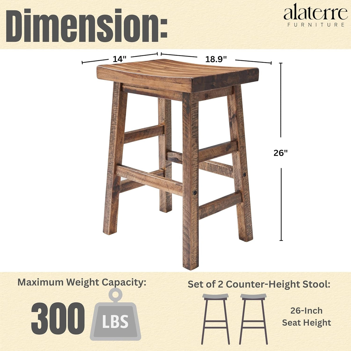 Alaterre Furniture Durango 26-Inch Industrial Wood Counter-Height Stools – Set of 2 Rustic Saddle Seat Bar Stools - Vintage Style with Light or Dark Lacquer Finish for Kitchen Island or Home Bar
