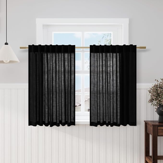 Black Kitchen Cafe Curtains 45 Inch Length 2 Panel Set Back Tab Pocket Semi