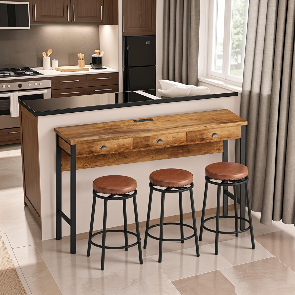 KEIKI 60.24” Long Bar High Top Dining Table and 3 Stools Chairs Set with Drawer & Power Outlet, Wood Behind Couch Sofa Counter Height Pub Furniture for Breakfast, Kitchen Living Party Room, Brown