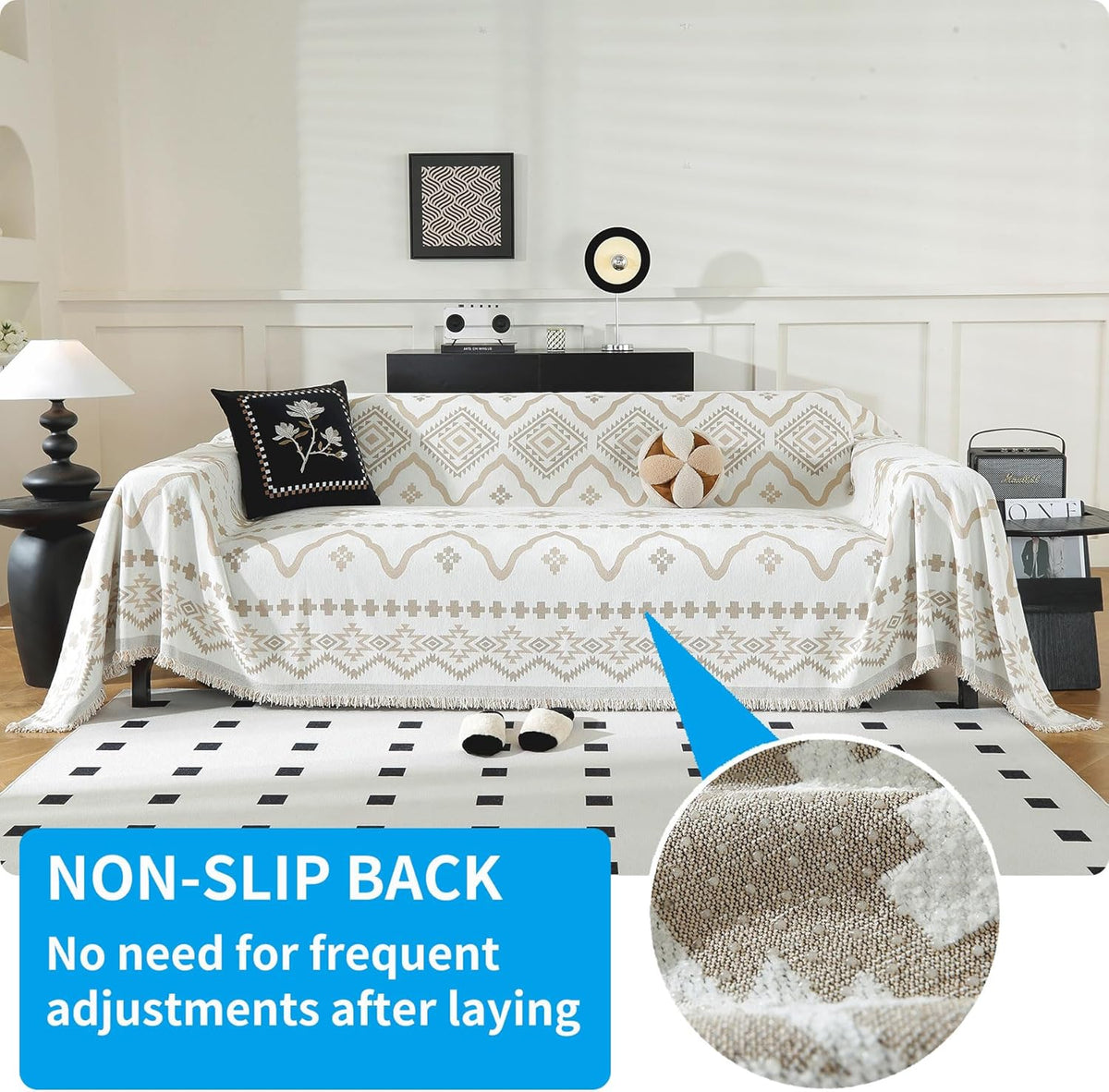 LUFEIJIASHI Boho Couch Covers for Sofa Non Slip Sofa Covers Washable Couch Covers for 3 Cushion Couch Sofa Pet Friendly Sectional Couch Cover Blanket Furniture Protector for Dogs (Khaki, 91"x134")