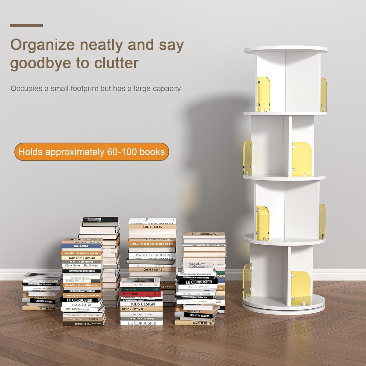 VECELO 4-Tier Rotating Bookshelf, Small Corner Bookshelf for Small Space, 360 Display Floor Standing Bookcase Storage Rack, Wood Narrow Book Shelf Organizer for Bedroom, Living Room, White