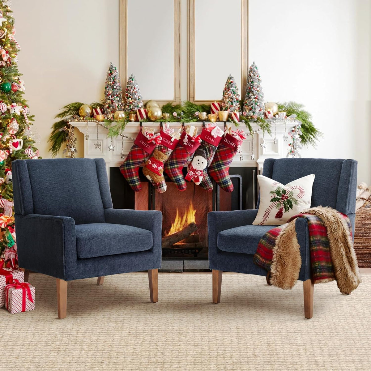 COLAMY Modern Wingback Living Room Chair Set of 2, Upholstered Fabric Accent Armchair, Single Sofa Chair with Lounge Seat and Wood Legs for Bedroom/Office/Reading Spaces, Blue