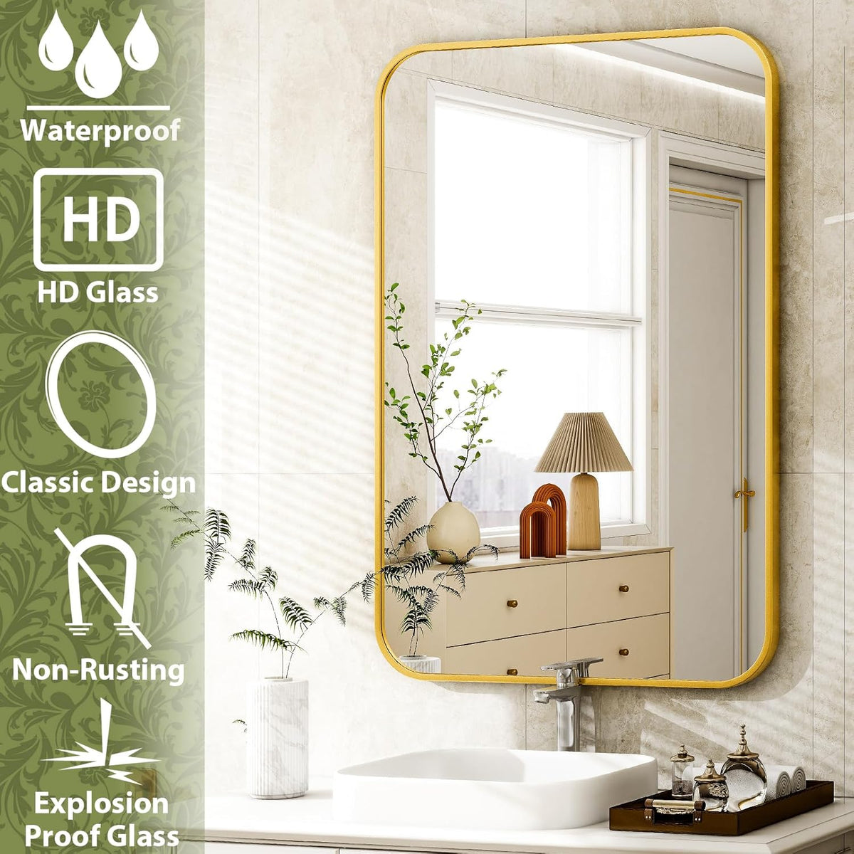 24 x 36 Inch Bathroom Mirror, Rounded Rectangular Vanity Mirror for Wall, Modern Mirror for Room Decor, Gold Framed Wall-Mounted Mirrors for Home Decor, Hangs Horizontally or Vertically