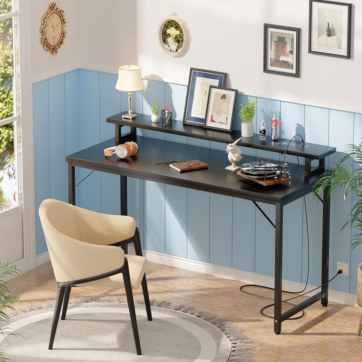 47 inch Computer Desk with Power Outlets, Gaming Desk with LED Lights, Home Office Work Desk with Monitor Shelf, Modern Office Desk Study Writing Table for Small Spaces, Black
