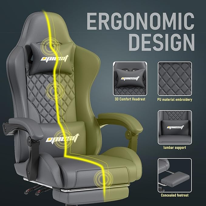 Gaming Chair,Ergonomic Computer Chairs for Adults with Footrest, PU Leather Office Chair with Adjustable Lumbar Support & Pocket Spring Cushion - Heavy Duty 400lb Capacity Gamer Chair (Grey)