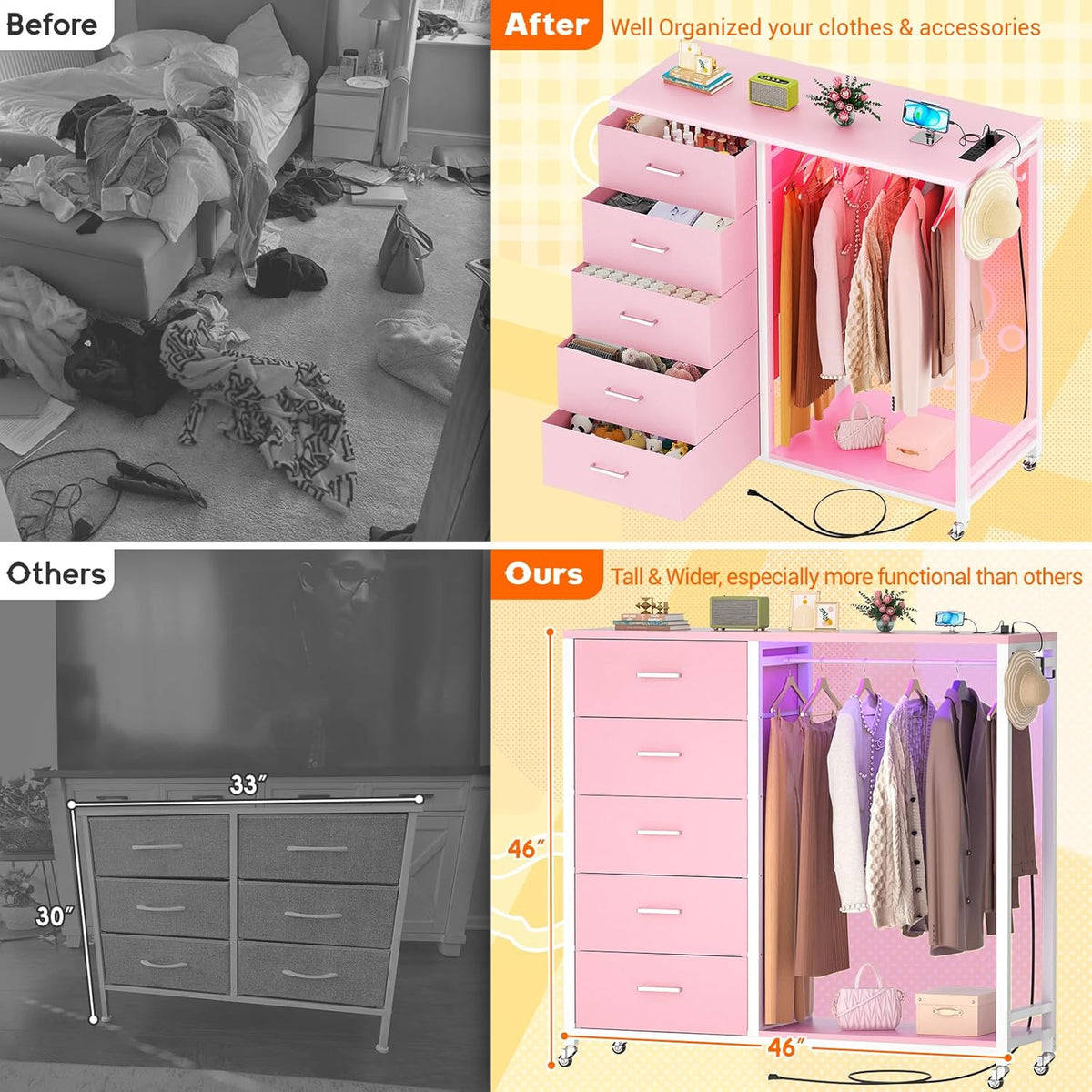 Cyclysio Dresser for Bedroom with Clothes Rack, 5 Fabric Drawers Dresser with Charging Station & LED Lights, Pink Storage Chest of Drawers with Wheels, Wooden Top, Lockable Wheels, Closet, Pink