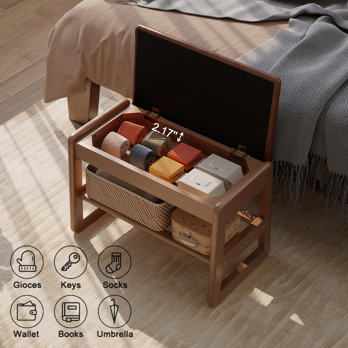 Small Shoe Bench with Leather Cushion,2 Tiers Shoe Rack Bench with Flip-Top Storage,Wood Shoe Rack for Entryway（Orange,23.62"）