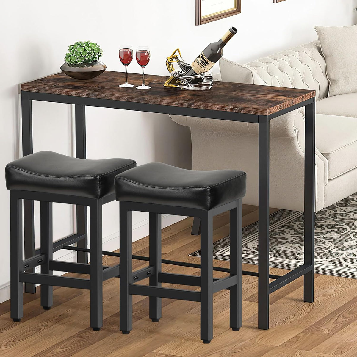 Counter Height Bar Stools Set of 3, 24 Inch Barstools for Kitchen Island Counter, Bonded Leather Kitchen Stools with Saddle Seats & Metal Base, Easy Assembly, Black