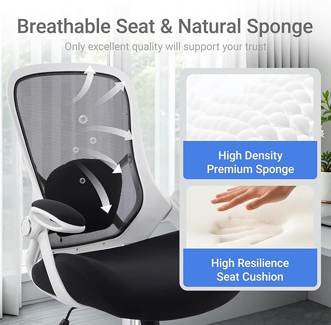 HYLONE 400lbs Heavy Duty Office Chair, 5" Thickened Seat Ergonomic Desk Chair with Adjustable Armrests, Home Office Computer Chairs for Long Hours Mesh Executive Chair(White Base&Black)