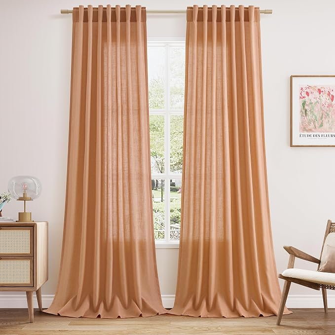 Nanspring Peach Quartz Linen Curtains 120 Inch Length 2 Panel Set Back Tab Loop