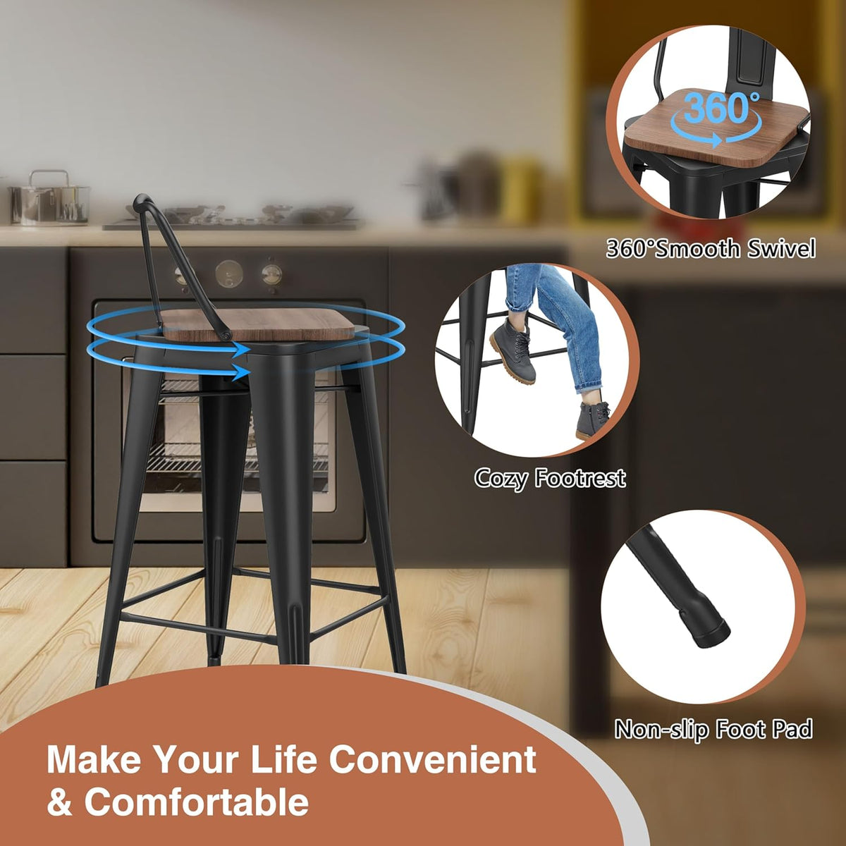 26 Inch Swivel Bar Stools Set of 2 with Backs Counter Height Industrial Metal Barstools Island Bar Chairs for Home Kitchen Dining Room (Swivel 26 inch,Matte Black Wooden)