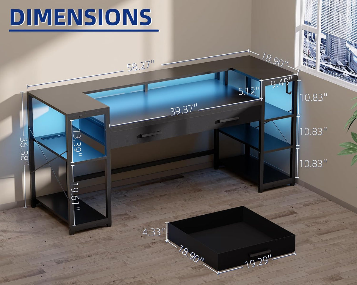 Pamray 58 Inch Computer Desk with Monitor Stand and Shelves Gaming Desk with LED Lights & Power Outlets PC Vanity Table with 2 Drawers for Home Office Pink