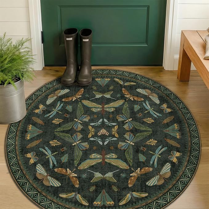 Vintage Dark Green 4ft Round Small Rug