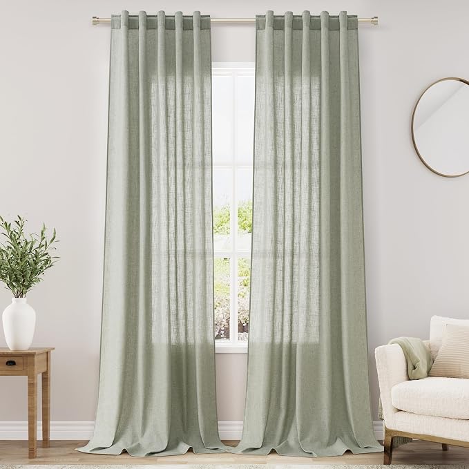Sage Green Linen Textured 96 Inch Curtains 2 Panel Set Back Tab Rod Pocket