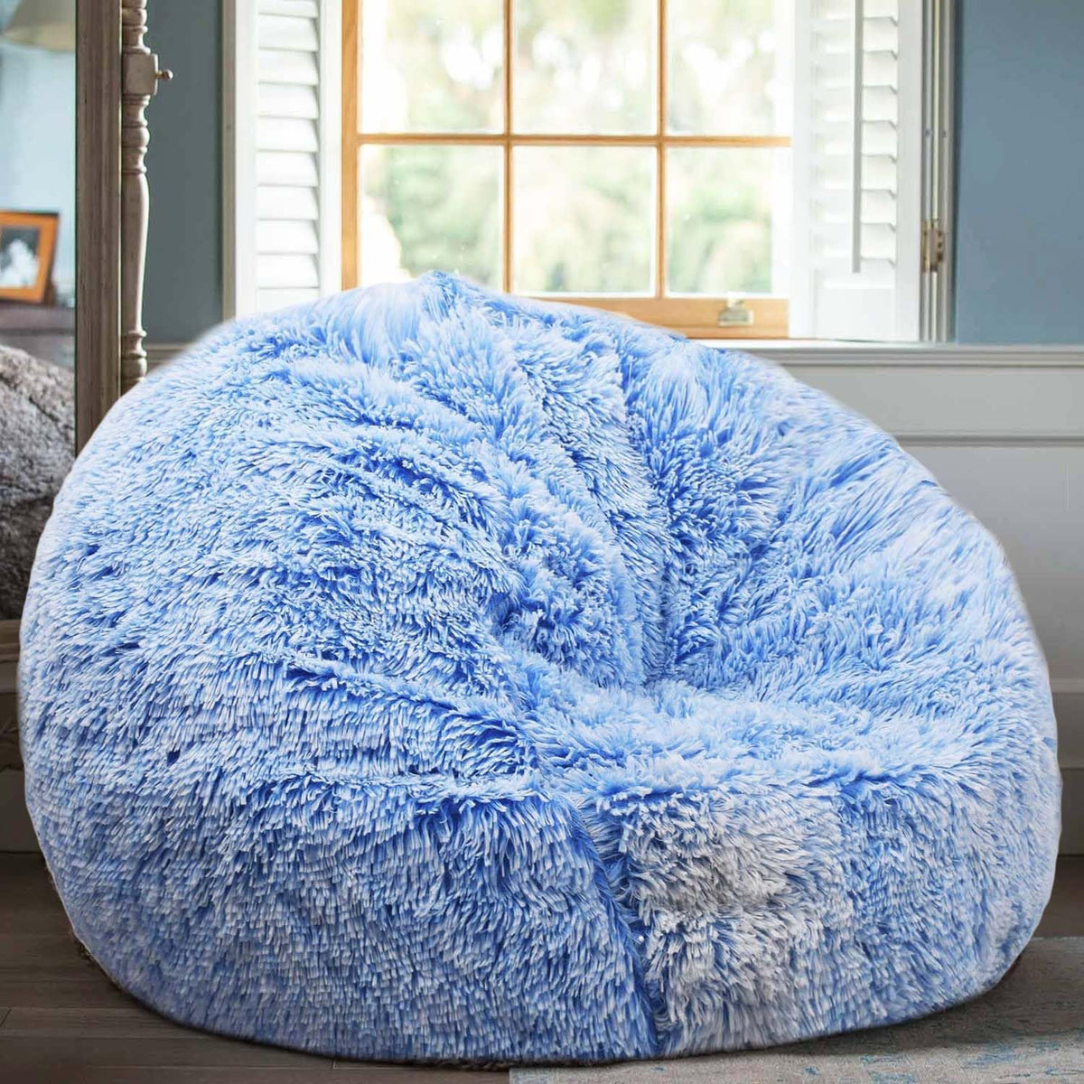 Fluffy Bean Bag Chair for Kids, 2.5FT Round Memory Foam Filled Bean Bag for Teens & Kids, Ultra Soft Faux Fur Fabric Bean Bag Chairs for Playroom, Living Room, Bedroom, Blue