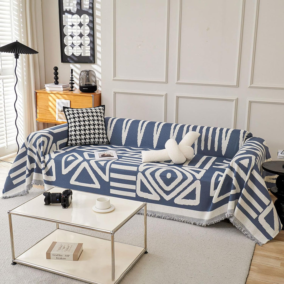 STACYPIK Thick Boho Couch Covers for Dog Cat, Modern Blue Triangle Sofa Cover for Living Room, Reversible Furniture Protector for 3 Cushion Couch, Anti Slip Jacquard Loveseat Covers for Sofa-71X118IN