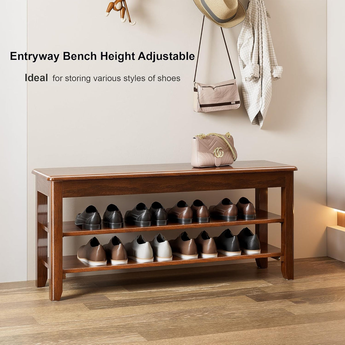 Shoe Storage Bench for Entryway - 3 Tier Shoe Rack for Front Door Entrance, Rubberwood Show Rack, Height Adjustable Entryway Bench with Shoe Storage for Any Room (Walnut, 39.4" W)