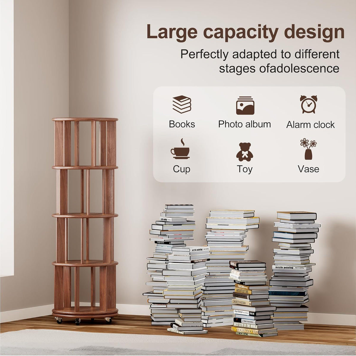 KEIKI Solid Wood 4 Tier Rotating Bookcase, Round Revolving Bookshelf with Lockable Wheels, Space Saving Wide Book Rack for Corner, Office, Bedroom, Walnu