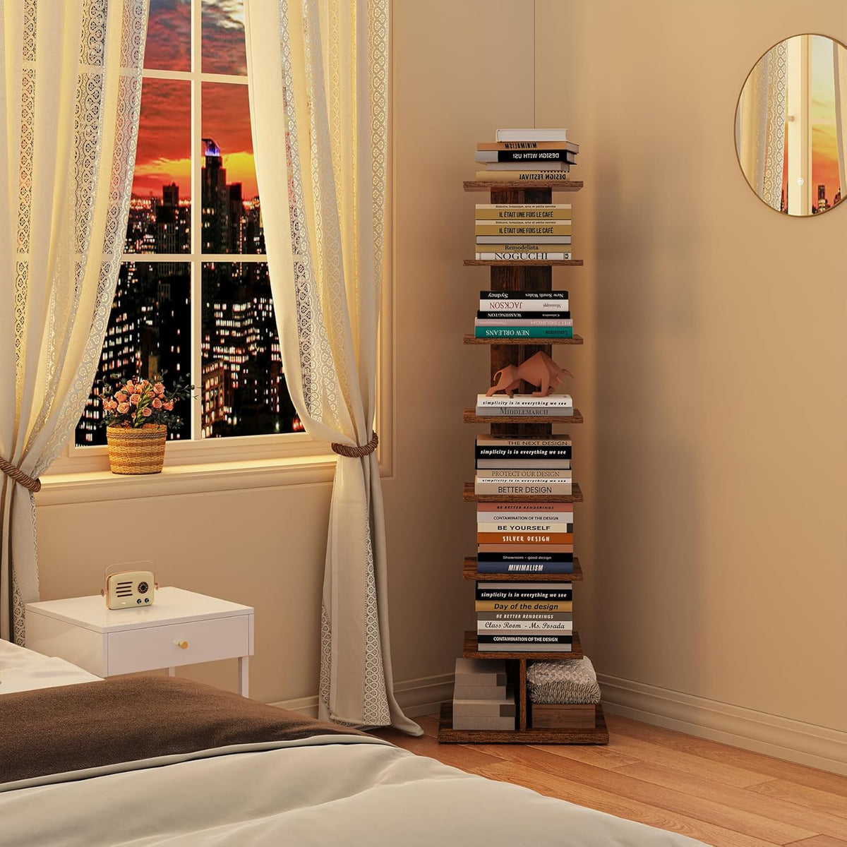 TUTOTAK Narrow Bookshelf, 8-Tier Bookcase, Spine Book Shelf for Small Space, Corner Standing Shelf for Living Room, Office, Study, Entryway, Rustic Brown BS06BB008