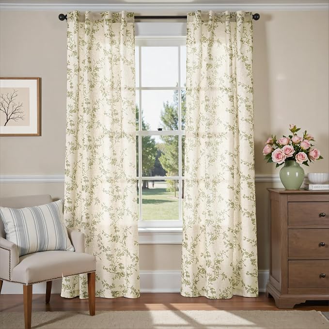 Lazzzy Green Floral Linen Curtains 84 Inch Farmhouse Back Tab Drapes