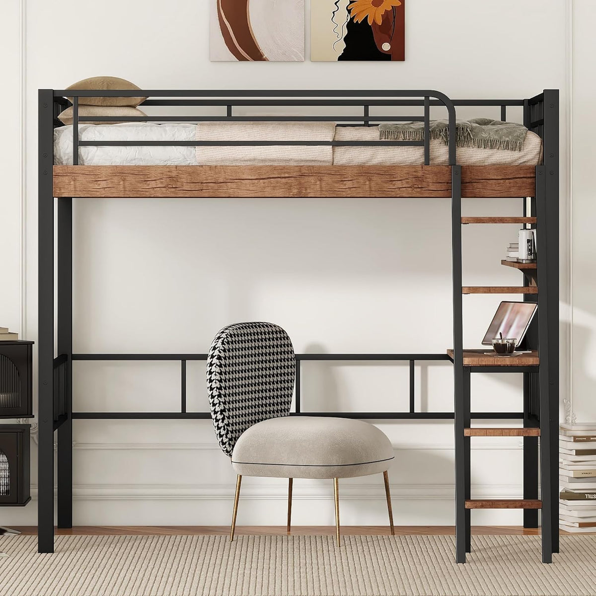 Metal Twin Size Loft Bed with Built-in Desk,Storage Shelf and Ladder,Full-Length Guardrails and Secured Metal Slats, High LoftBed W/Large Storage Space for Kids Teens Adults Bedroom,Black