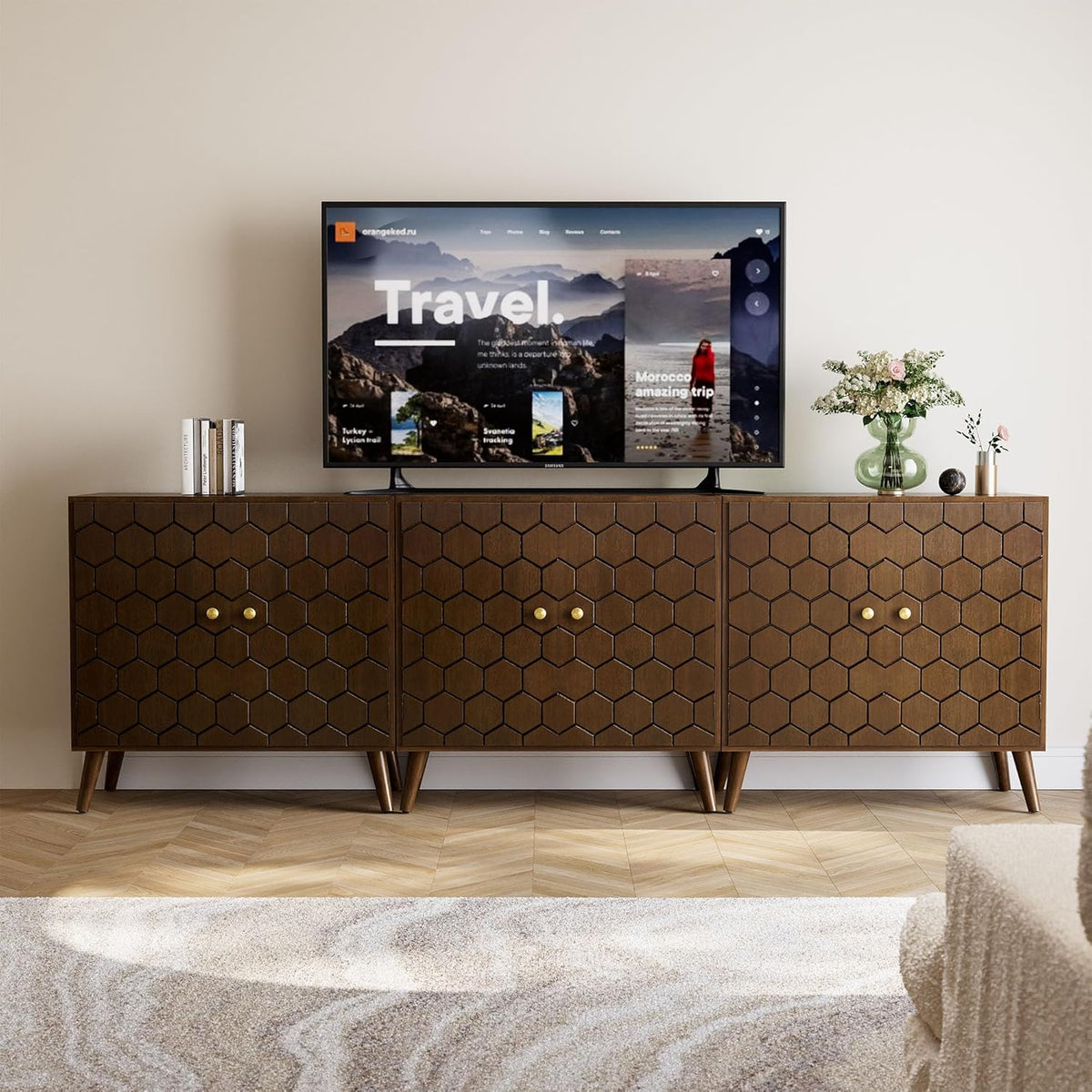 COSIEST Set of 3 32" Storage Sideboards with Doors, Accent Cabinets with Magnetic Push-to-Open Doors, Brown Honeycomb Pattern, Entryway Console for Living Room, Kitchen, Hallway