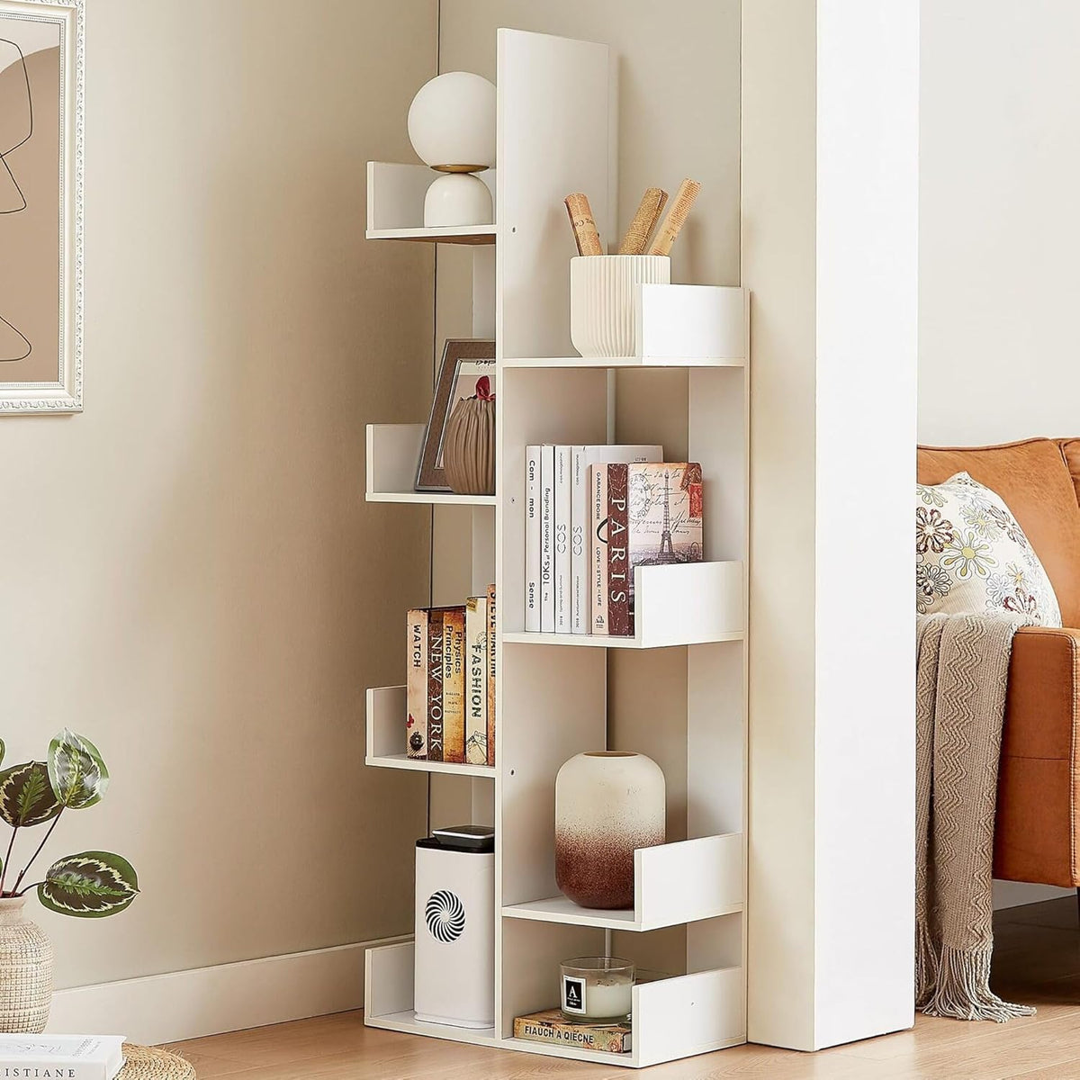 VECELO 8-Tier Tall Cactus-Shaped Tree Bookshelf, Vertical Bookcase with Waterproof Shelves & Rounded Corners, Modern Display Rack for Small Spaces in Living Room, Office, Bedroom, Ivory White