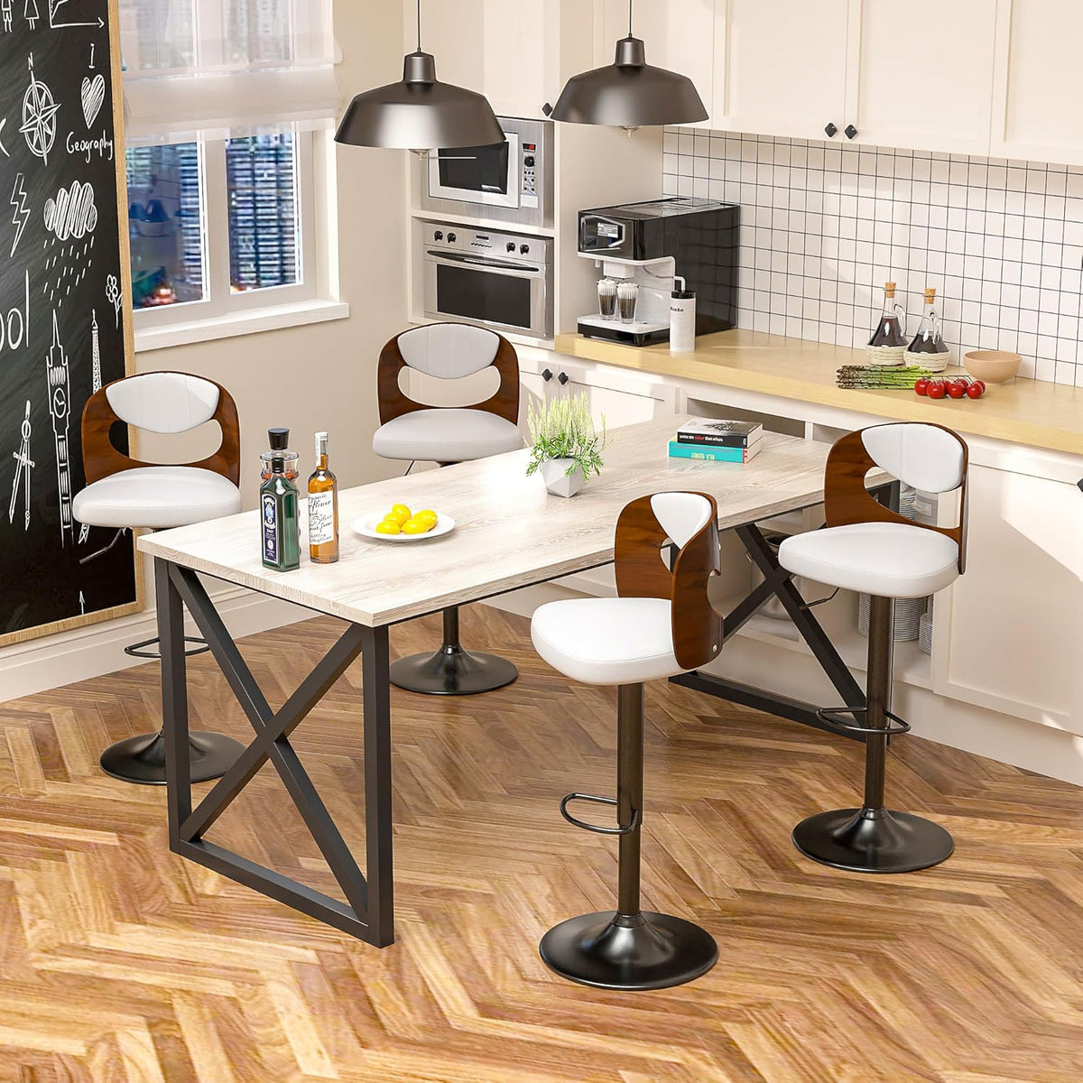 VECELO BarStools Set of 4,Kitchen Island Stools with Bentwood Back,Arm&Footrest,Counter Height Bar Chairs PU Leather Cushion Seat Adjustable Height 360°Swivel,Island Chairs for Club Pub,Creamy White