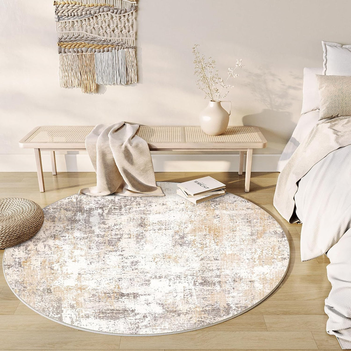 8x8 Washable Round Rug Beige Grey Neutral Abstract Living Room Bedroom Large Area Rug Non Slip Soft Low Pile Indoor Floor Carpet for Dining Room Kitchen Office Entryway