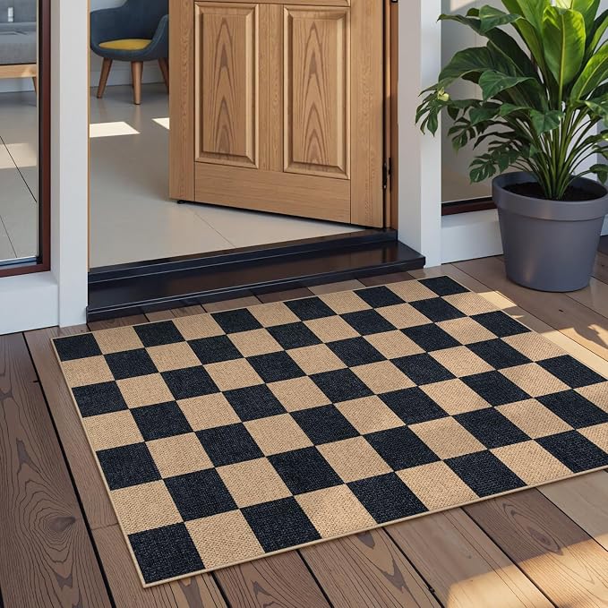 Lahome Colette Checkered Easy Jute 2x3 Rug, Small Entryway Rug Non Slip Kitchen