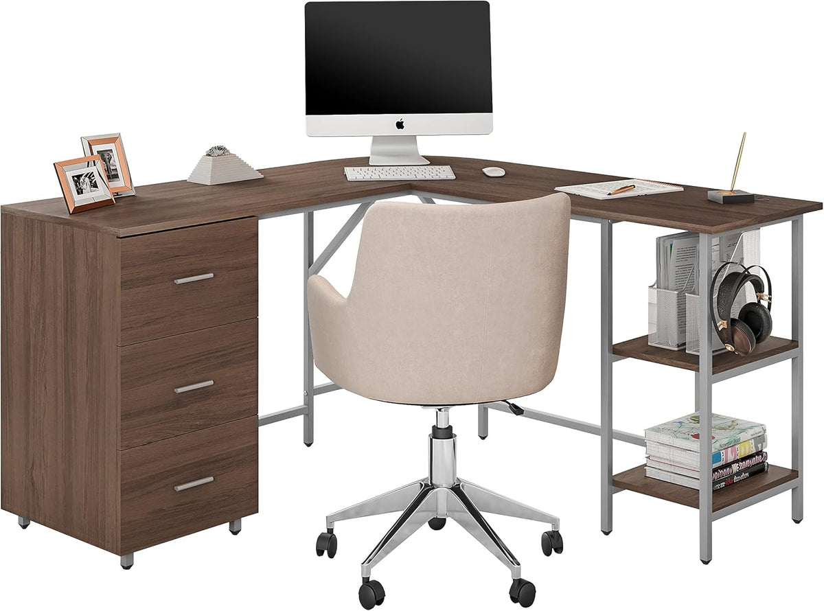 Techni Mobili L Shaped Desk - Two-Toned Computer Desk with Drawers & Storage Shelves - Simple Modern Furniture & Home Office Space Corner Table for Work & Writing