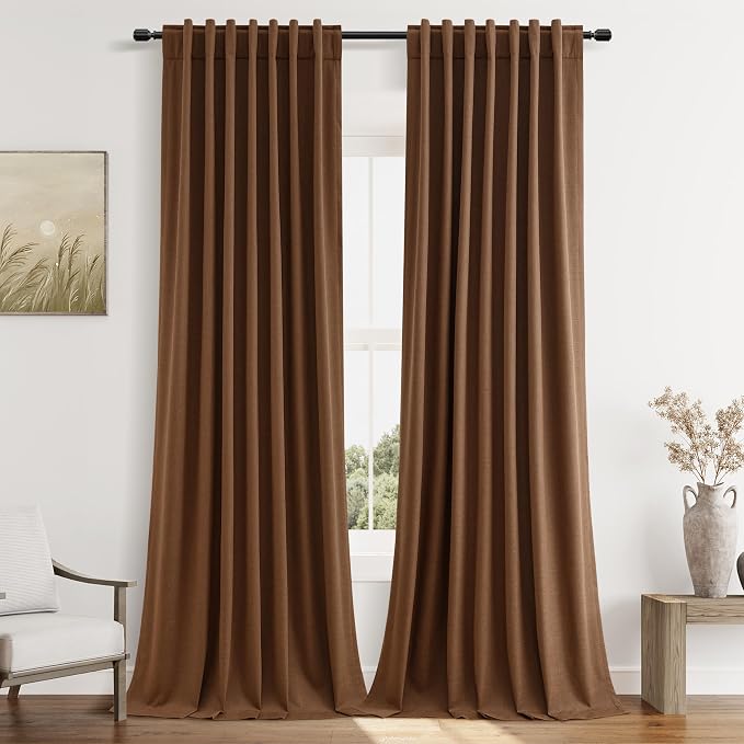 Guken Caramel Brown 100% Blackout Linen Curtains 100 Inch Length 2 Panels Set