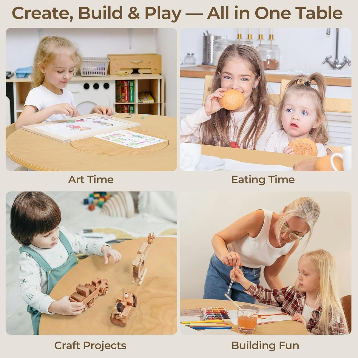 Kid Round Table and 4 Chairs Set with Storage Tub, Wooden Toddler Table Chair for Arts, Crafts, Eating, Learning, Kid Play and Activity Table for Home, Daycare or Playroom