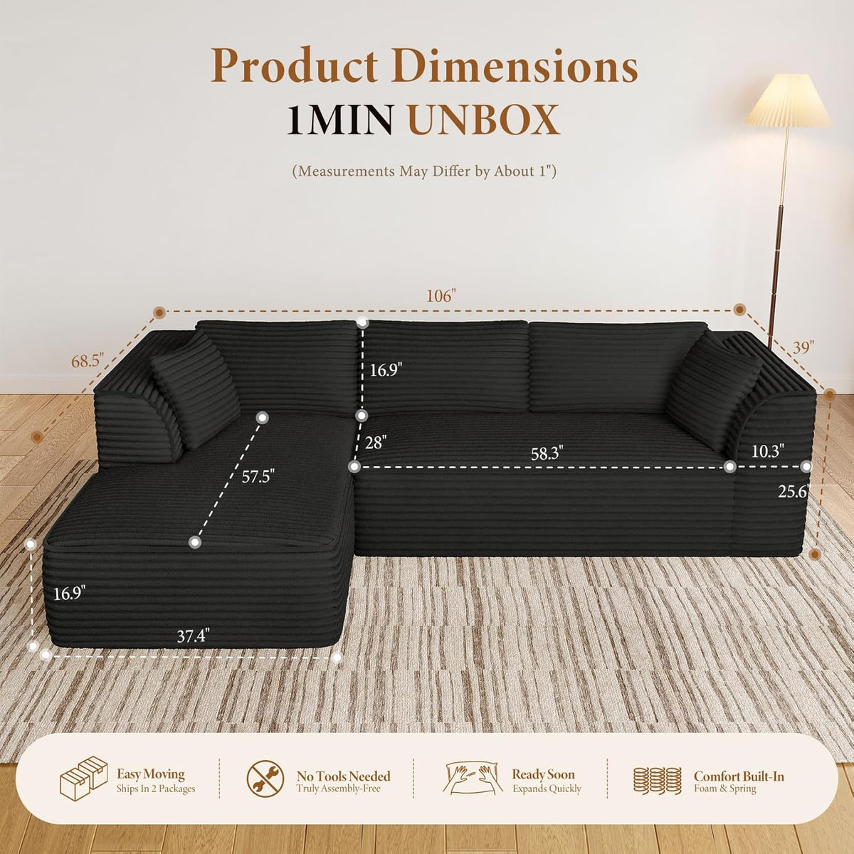 Vesgantti 106" Boneless Couch with Chaise, Deep Seat Comfy Cloud Modular Sofa Corduroy Memory Foam Sectional Couches for Living Room Bedroom, No Assembly Required (Black, Left-Facing Chaise)