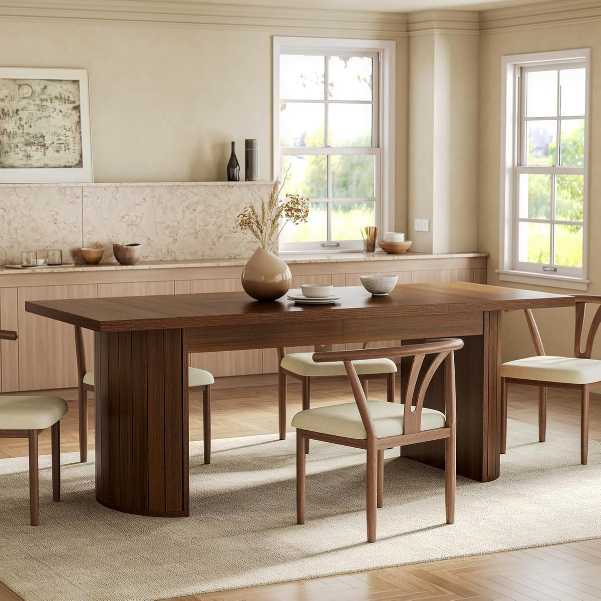 1Easylife 78.74 Inches Long Dining Table for 6, All Wooden Rectangle Kitchen Table, Vintage Dinner Table, Large Dining Room Tables with Half Round Pedestal Fence Design, Deep Brown