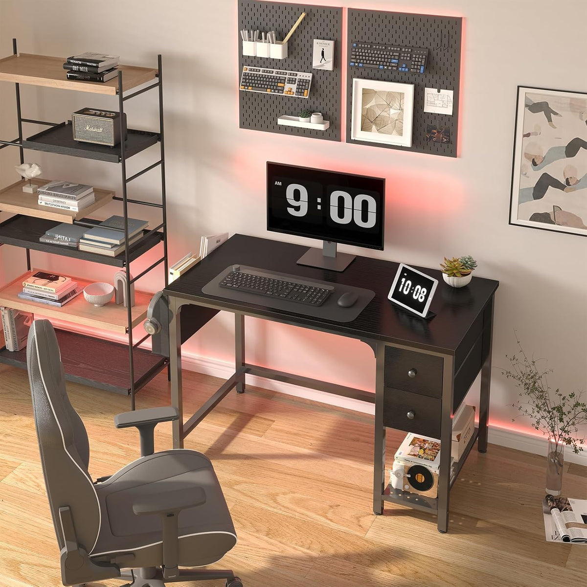 Lufeiya Computer Desk with Fabric Drawers, 40 Inch Reversible Gaming Desk for Small Space Home Office, Modern Simple Study Writing Table PC Desks for Bedroom, Black