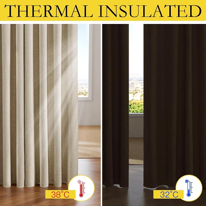 NICETOWN Cream 100% Blackout Linen Curtains 63 inch Long Burg