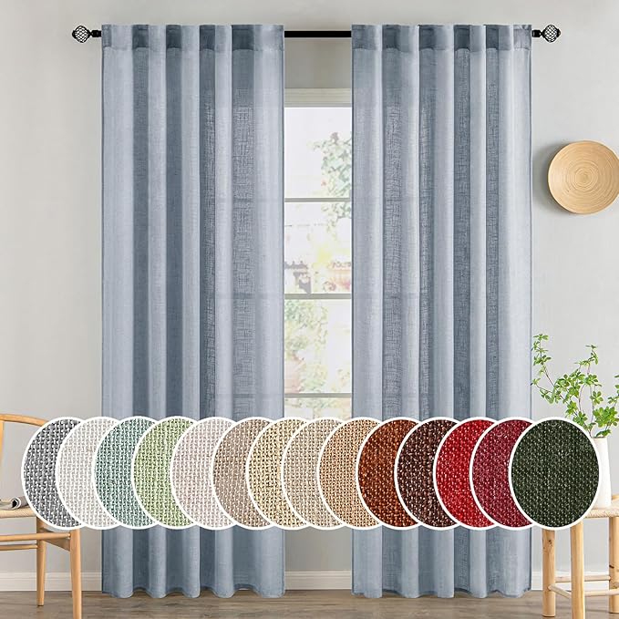 MIULEE Chambray Blue Linen Curtains 96 Inches Long 2 Panels