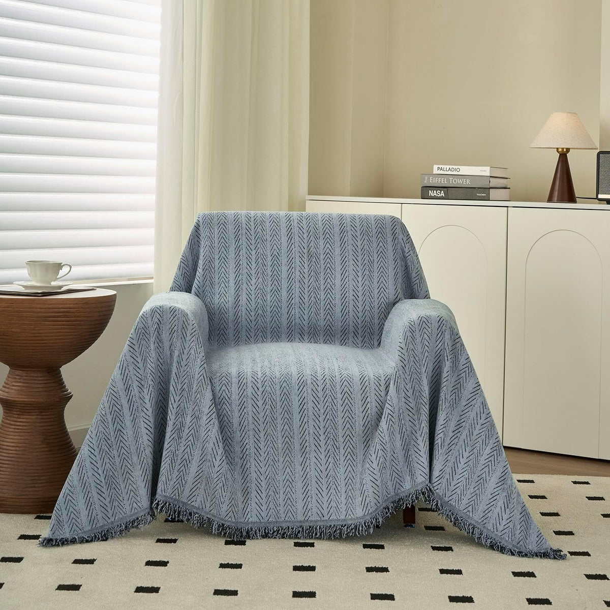 Nobildonna Sofa Chair Cover Waterproof Soft Thicken Chenille Cushion Couch Cover with Tassels,Washable Sofa Slipcovers for Armchair Recliner Sectional Furniture Protector,Dusty Blue 71"x71"