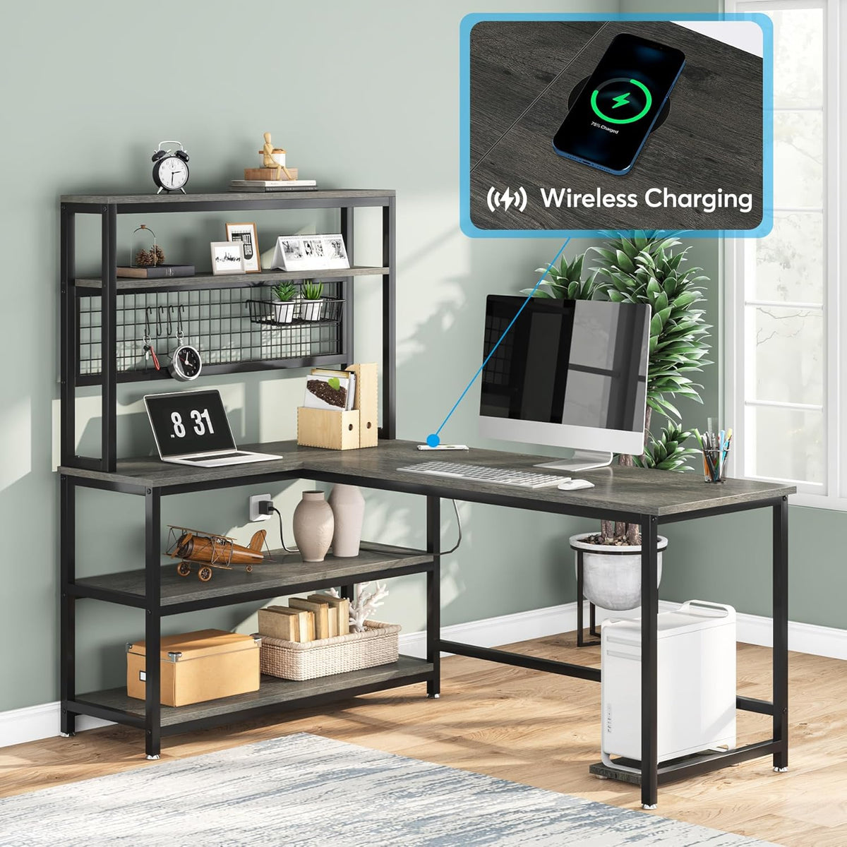 Tribesigns 55" Large Computer Desk with Wireless Charging 5 Storage Shelves, Office Desk Study Table Writing Desk Workstation with Hutch Bookshelf for Home Office(Gray)