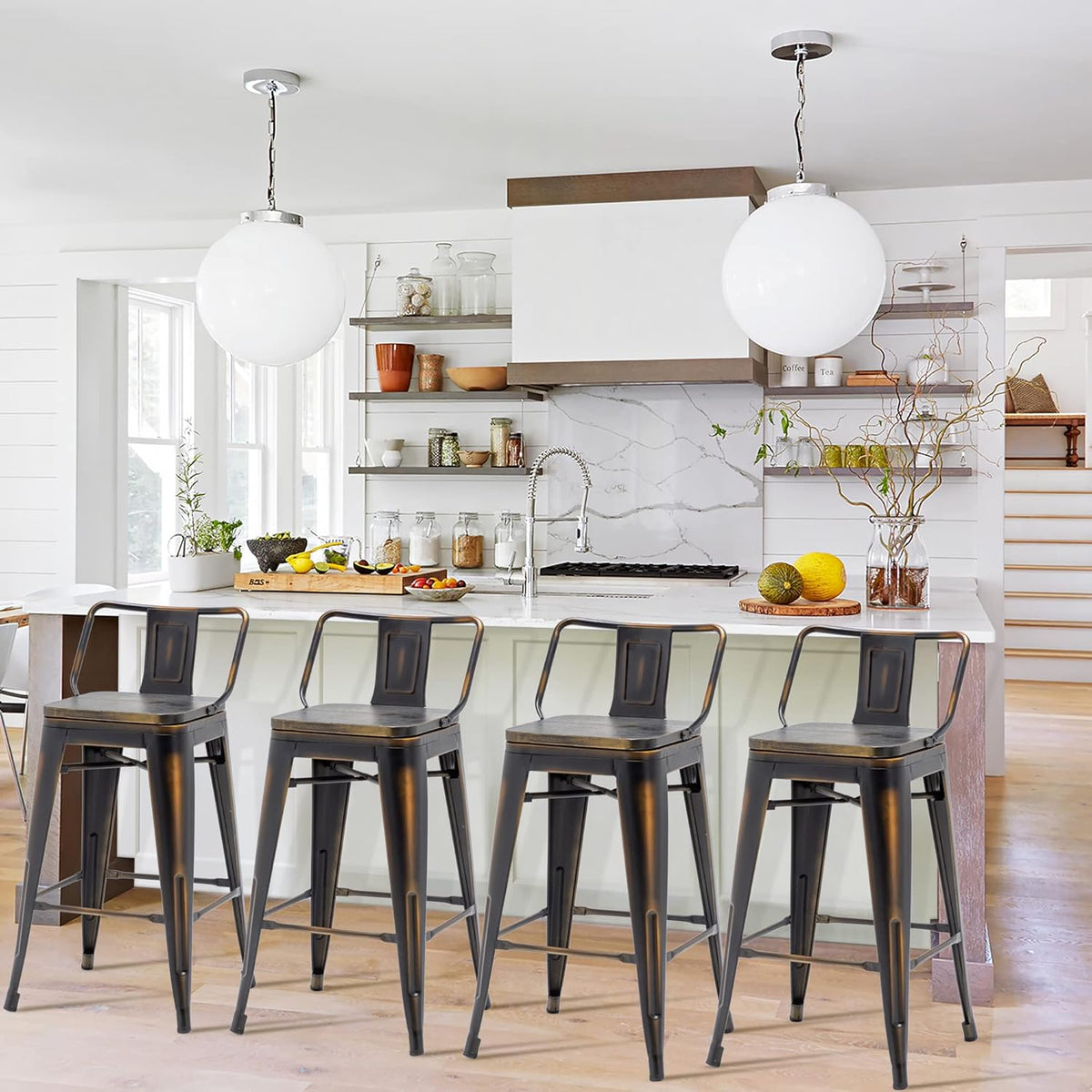30 Inch Swivel Bar Stools Set of 4 with Backs Counter Height Industrial Metal Barstools Island Bar Chairs for Home Kitchen Dining Room (Swivel 30 inch, Distressed Gold Wooden)