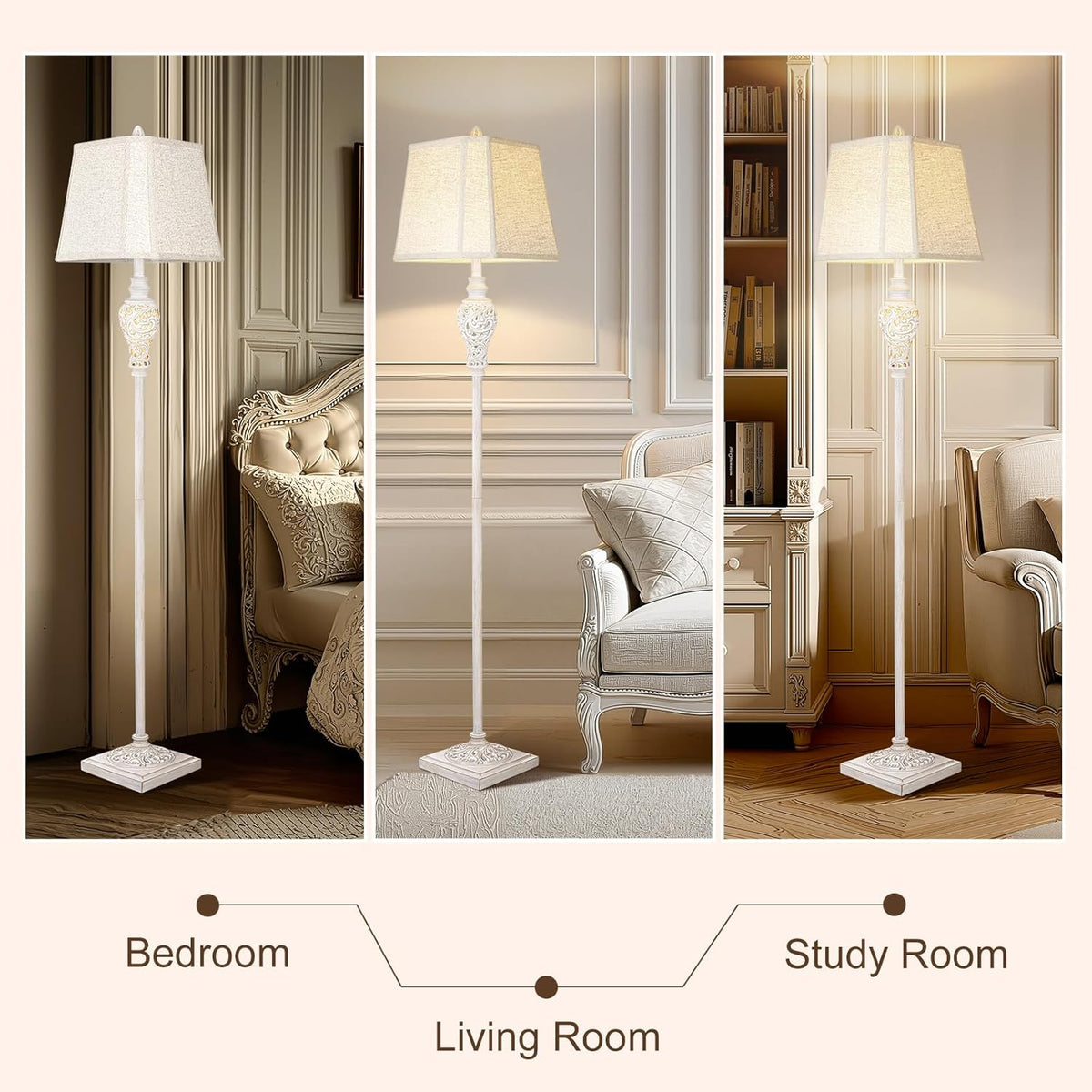 Floor Lamp for Living Room, Vintage Standing Lamp with Nightlight, 65" Tall Lamp with White Linen Shade, Farmhouse Rustic Floor Lamp for Bedroom, Office, Corner (LED Bulb Included)